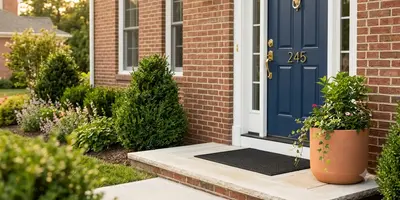 A pristine black composite doormat sits on a freshly power-washed step